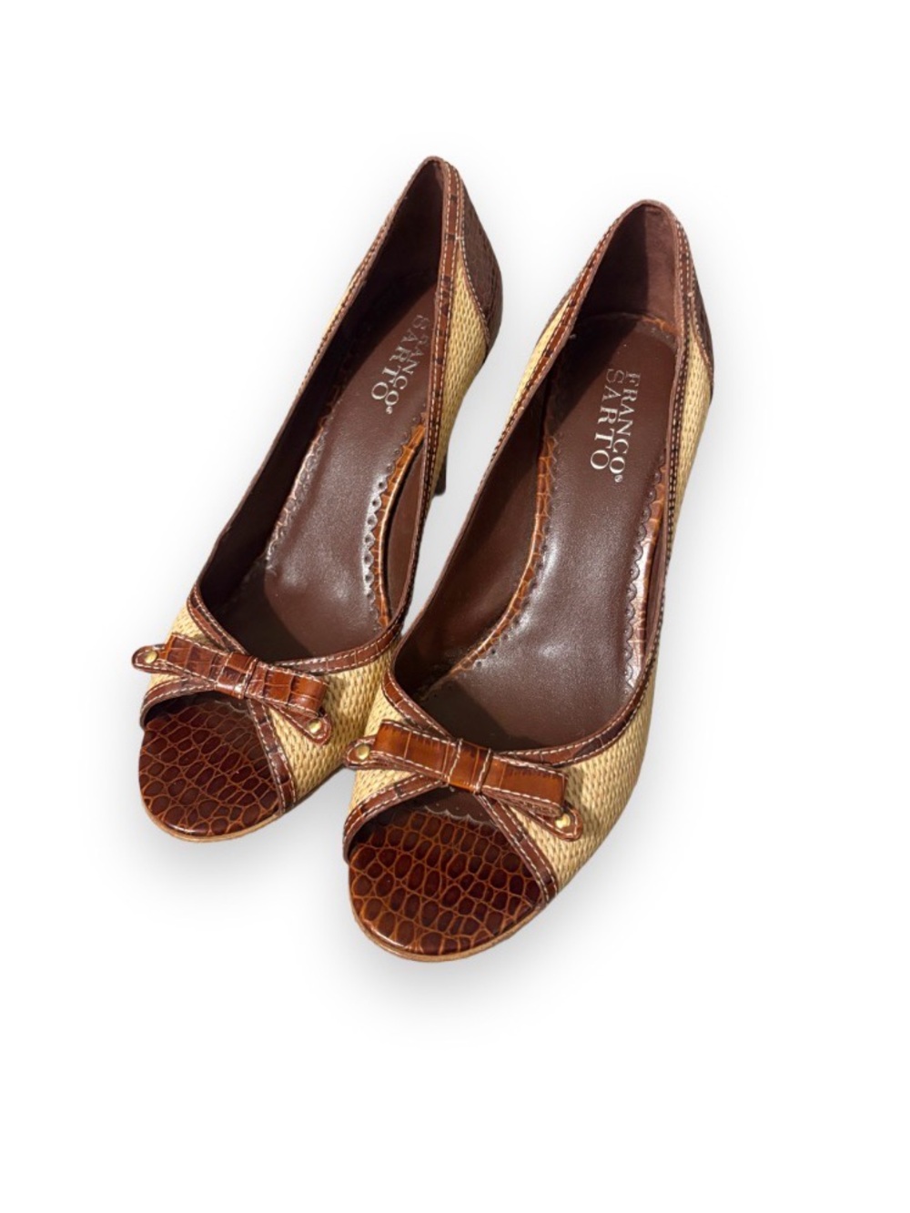 Vintage Franco Sarto Brown & Tan Peep-Toe Pumps with Bow Detail